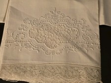 Pair antique white linen & lace embroidered cutwork king pillowcases 22"x35"