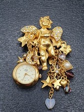 *RARE* SIGNED KIRKS FOLLY CHERUB PUTTI GOLD TONE WATCH BROOCH *working