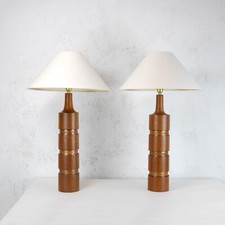 Pair Vintage Mid Century Tall Teak Brass Table Lamps Lights Shade Danish #102877