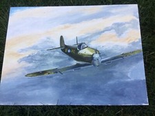 Vintage Not Framed Original Not Signed Oil Painting Spitfire Old War Aeroplane