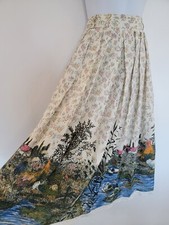 Vintage Skirt Long Size 14 Floral Cotton Blend Quirky Bird Retro Smart Pleated