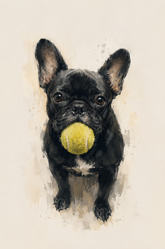 French bulldog with tennis - french,
