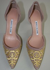 New Manolo Blahnik VOLTA 70 Nude Beige Suede Gold Embroidered Pumps Shoes 36.5
