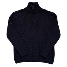 Superdry Jacob Henley Jumper Cable Knit Men Medium Wool Blend Dark Blue 1/4 Zip