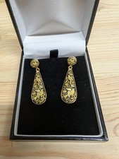 Vintage Damascene Teardrop Earrings Gold Bird by Midas of Toledo Spain Jewellery