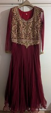 Asian Party Stunning Maxi/Gown Dress Maroon Gold Mirror Embroidery Diamond  Sz L