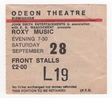 Roxy Music 9/28/74 Birmingham England Odeon Theatre Ticket Stub Bryan Ferry