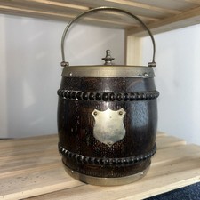 Antique Biscuit Barrel English Oak and Silver Plated with Porcelain Liner