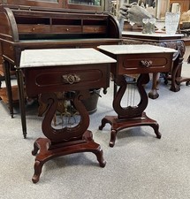 Pair of Victorian Style Lyre Solid Mahogany & Marble Bedside Lamp Side Tables