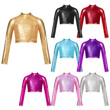 UK Kids Girls Sequins Sequins Mock Neck Long Sleeve Jazz Hip Hop Dance Crop Tops