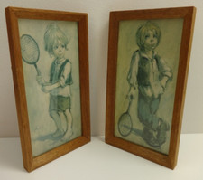 Vintage Art Prints Childrens Tennis BARRY LEIGHTON JONES Framed Pair Interiors