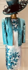 Jacques Vert UK 14 Turquoise /Ivory Floral Satin Beaded Dress & Shantung Jacket