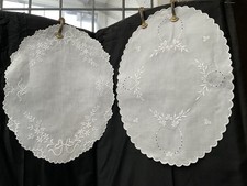Two Vintage Oval Linen Table Centres Embroidered Floral Design Made In England