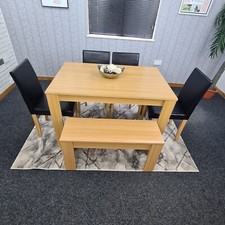  DINING TABLE AND 4 BLACK CREAM LEATHER CHAIRS, BENCH OAK EFFECT KITCHEN SET 