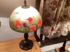 Vintage  Table Lamp- Reverse Painted Glass Floral Shade Metal Base 25 cm shade