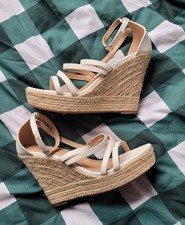 White Strappy Espadrille High Wedge Sandals Ankle Strap Platform Heels, UK8 EU41
