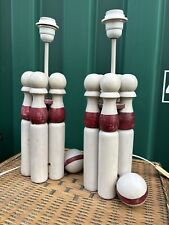 2x Vintage Novelty Bowling Pin Skittles Wood Table Lamp Sport Games Mid Century