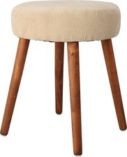 Small Corduroy Fabric Stool Wooden Legs Round Decorative Vintage Sitting Chair