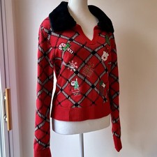 Planet Gold Christmas Sweater XL Red Fur Collar Santa Candy Cane Cropped