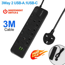 2025 3M Extension Lead Power Strip Surge Protector 3 Gang Way 2 USB + 1 USB-C UK