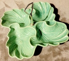 Vintage MCM Mint Green Handled Ceramic x4 "Letus Leaf" Divided Serving Dish