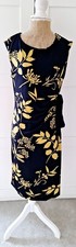 Ladies Floral Navy Mustard Ruched Midi Dress By Bpc Selection Size S 10/12 NEW
