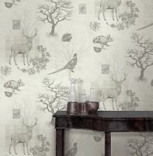 Balmoral Stags Wallpaper -  Pale Grey - Shabby Chic Woodland Tartan - 670527