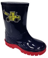  Boys Tractor Wellies Builder Waterproof Rain Snow Wellingtons Blue Navy New