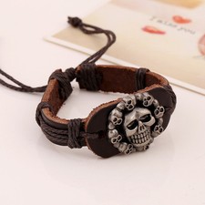 Brown Adjustable Leather Multi Skulls Rope Bracelet Wrist Band Arm Band.7.5 Inch