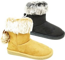 GIRLS WOMENS FLAT WINTER SNOW FAUX FUR LINING POM POM ANKLE BOOTS SHOES SIZE