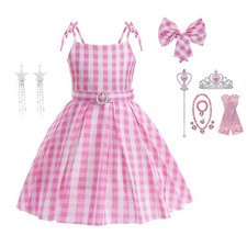 Girls Kids Fancy Dress Up Pink Movie Princess Party Cosplay Costume Tartan Skirt