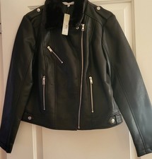 Red Herring Black Faux Leather Biker Jacket/ Faux Fur Collar, Size 14 -  Bnwt