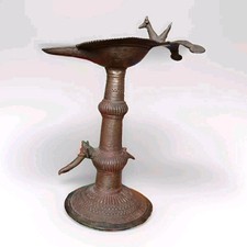 Vintage Brass Temple Oil Lamp Engraved Worship Diya Bird And Elephant