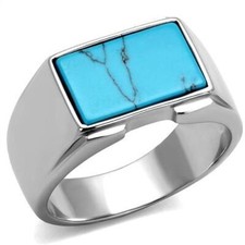 Mens turquoise ring square signet stainless steel silver chunky mans new 3000