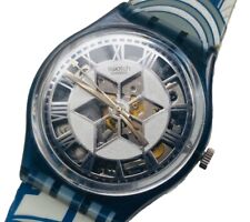 SWATCH DECOSCRAPER WATCH GP109U Boxed Blue White Swatch See Thru Mechanical