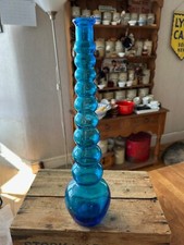 Vintage Bright Blue Hooped Design Tall Glass Genie Bottle – Retro! –