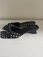 Black and White Polka Dot Slip On Kitten Heel Sandal With Bow Front