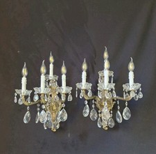 Large Vintage Antique Pair Brass And Crystal with 5 Light Wall Lights Sconces 
