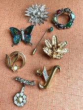 Vintage Brooch Joblot Bundle, Gold tone, Enamel, Glass, Butterfly, Flower, Leaf