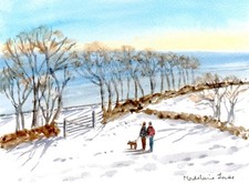 SALE! Dog Walk Winter Fields 5.5inx 7.5"in Original Watercolour painting