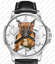 Dog Collection Staffordshire Terrier Staffie Pup Black Leather Strap Watch
