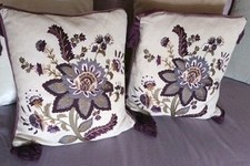 DORMA Pair Cotton/Linen Embroidered Purple Velvet Cushions