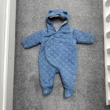 Baby Gap Blue Quilted Pramsuit All In One Cotton 3-6 Months Opens Fully