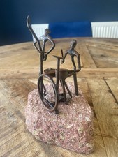 Vintage Metal Art Sculpture Dancer & Drummer Figures In Red Stone Base - Unique