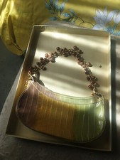  EPISODE  FAUX SNAKE-SKIN  CLUTCH/POUCH VINTAGE TAUPE Beads/Gilt Chain FEATURE