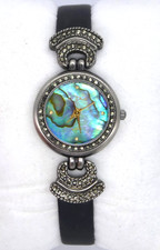 Le Chat Abalone & Marcasite Ladies Quartz Watch Black Leather Strap Boxed