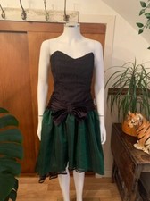 1980s Prom Party Ball Dress Vintage Black Green Strapless Organza Big Bow Uk 10