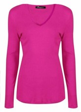 LADIES WOMANS BASIC LONG SLEEVE PLAIN V NECK STRETCH TOP T SHIRT PLUS SIZE 8-26