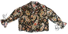 Zara Women's Silky Black Floral Cropped Blouse Gypsy/ Boho long sleeves XS UK 12