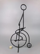 Nail Art Cyclist Figurine. Black Metal Man on Bicycle. Folk Craft. Vintage. 13"